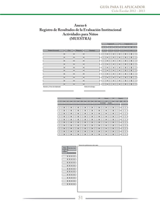 GUÍA PARA EL APLICADOR
Ciclo Escolar 2012 - 2013
51
Anexo 6
Registro de Resultados de la Evaluación Institucional
Actividades para Niños
(MUESTRA)
 