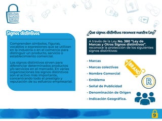 9
Comprenden símbolos, figuras,
vocablos o expresiones que se utilizan
en la industria o en el comercio para
distinguir un producto, servicio o
establecimiento comercial.
Los signos distintivos sirven para
diferenciar determinados productos
y/o servicios en el mercado. En varias
organizaciones los signos distintivos
son el activo más importante,
concentrando todo el prestigio y
reputación de su esfuerzo empresarial.
A través de la Ley No. 380 “Ley de
Marcas y Otros Signos distintivos”,
reconoce la protección de los siguientes
signos distintivos:
- Marcas
- Marcas colectivas
- Nombre Comercial
- Emblema
- Señal de Publicidad
- Denominación de Origen
- Indicación Geográfica.
 