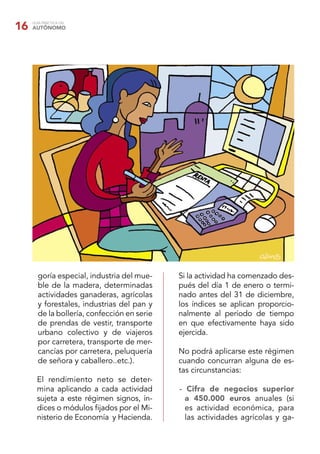 16   GUÍA PRÁCTICA DEL
     AUTÓNOMO




       goría especial, industria del mue-    Si la actividad ha comenzado des-
       ble de la madera, determinadas        pués del día 1 de enero o termi-
       actividades ganaderas, agrícolas      nado antes del 31 de diciembre,
       y forestales, industrias del pan y    los índices se aplican proporcio-
       de la bollería, confección en serie   nalmente al período de tiempo
       de prendas de vestir, transporte      en que efectivamente haya sido
       urbano colectivo y de viajeros        ejercida.
       por carretera, transporte de mer-
       cancías por carretera, peluquería     No podrá aplicarse este régimen
       de señora y caballero..etc.).         cuando concurran alguna de es-
                                             tas circunstancias:
       El rendimiento neto se deter-
       mina aplicando a cada actividad       - Cifra de negocios superior
       sujeta a este régimen signos, ín-       a 450.000 euros anuales (si
       dices o módulos ﬁjados por el Mi-       es actividad económica, para
       nisterio de Economía y Hacienda.        las actividades agrícolas y ga-
 