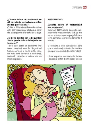 GUÍA PRÁCTICA DEL
                                                                       AUTÓNOMO            23


¿Cuanto cobra un autónomo en                MATERNIDAD
AT (accidente de trabajo o enfer-
medad profesional)?                         ¿Cuanto cobra en maternidad
Cobra el 75% de su base de cotiza-          una autónoma?
ción del mes anterior a la baja, a partir   Cobra el 100% de la base de coti-
del día siguiente a la fecha de la baja.    zación del mes anterior a la baja (no
                                            sobre la cuota que se paga) duran-
¿Si tiene deudas con la Seguridad           te 16 semanas (aproximadamente 4
Social puede cobrar la baja de au-          meses).
tónomos?
Tiene que estar al corriente (no            Si contrata a una trabajadora para
tener deudas) con la Seguridad              que la sustituya (contrato de sustitu-
Social, aunque si no lo está, tiene         ción por interinidad de maternidad):
un mes para ponerse al corriente,
teniendo derecho a cobrar en los            - Los seguros sociales de la tra-
mismos plazos.                               bajadora estan boniﬁcados en un
 