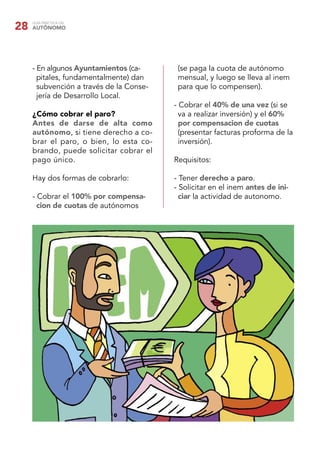 28   GUÍA PRÁCTICA DEL
     AUTÓNOMO




     - En algunos Ayuntamientos (ca-       (se paga la cuota de autónomo
       pitales, fundamentalmente) dan      mensual, y luego se lleva al inem
       subvención a través de la Conse-    para que lo compensen).
       jería de Desarrollo Local.
                                          - Cobrar el 40% de una vez (si se
     ¿Cómo cobrar el paro?                  va a realizar inversión) y el 60%
     Antes de darse de alta como            por compensacion de cuotas
     autónomo, si tiene derecho a co-       (presentar facturas proforma de la
     brar el paro, o bien, lo esta co-      inversión).
     brando, puede solicitar cobrar el
     pago único.                          Requisitos:

     Hay dos formas de cobrarlo:          - Tener derecho a paro.
                                          - Solicitar en el inem antes de ini-
     - Cobrar el 100% por compensa-         ciar la actividad de autonomo.
       cion de cuotas de autónomos
 