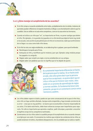 1.4.3 ¿Cómo manejar el cumplimiento de los acuerdos?
Es sumamente importante diferenciar el hecho
de la persona que lo realiza. Si un hecho está
errado, ello sólo quiere decir que la persona
que lo hizo se equivocó, no quiere decir que el
niño o niña que lo hicieron sean malos, ellos
están en un proceso de aprendizaje de reglas
y normas sociales. Es fundamental tener esto
presente, ya que es un comentario común entre
hermanos y padres.
l Si el niño rompe un acuerdo establecido entre todos, probablemente otro lo señale, tratemos de
que todos puedan reflexionar al respecto haciendo un dibujo o una dramatización sobre lo que ha
sucedido. Esto es válido en el aula entre compañeros, como en la casa entre los hermanos.
l Cuando se le dice a un niño que “no”, es importante ser firme, no poner castigos que dañen
al niño. Por ejemplo, si no guardas los juguetes en tu sitio tendré que dejarte hasta muy tarde
en la escuela, esta acción es perjudicial para el niño en lo emocional, dado que sentirá temor
de no llegar a su casa como todo niño desea.
l Si el niño ha roto una regla establecida, no se debe de gritar o golpear, para que él entienda:
n Manténgase tranquila pero firme.
n Acérquese al niño y manifieste qué le molesta y por qué. Ejemplo: estoy molesta porque
has pegado a tu amiguito.
n Hágale saber que rompió una regla o norma establecida con sus amigos.
n Hágale saber con palabras que eso no significa que lo ha dejado de querer.n Hágale saber con palabras que eso no significa que lo ha dejado de querer.
n Los niños deben reparar el daño: puede ser que como consecuencia de lo que el niño hizo,
otro niño se haya sentido afectado. Aunque esté arrepentido y haya tomado conciencia de
su error – cosa que es muy positiva - es bueno que se acostumbre a hacerse responsable de
sus actos. Si el daño está hecho, debe hacer esfuerzos aunque sean imperfectos para repa-
rarlo. Por ello es importante que aprenda a explicar, pedir disculpas y aprender a escuchar
el legítimo enojo de los compañeros lastimados.
n Conversemos con los niños sobre lo sucedido porque el incumplimiento de un acuerdo siempre
se origina por una razón. Si conocemos los motivos que originan las conductas de los niños se
puede esclarecer el motivo, el problema desaparecerá, sino es probable que se vuelva a repetir.
24
 