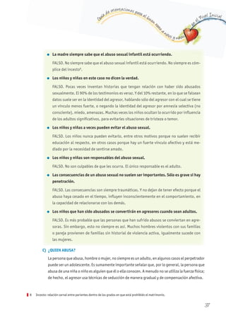 G
uía de orientaciones para el buen t
rato
a niños y niñas
en
el Nivel Inicial
37
8 Incesto: relación carnal entre parientes dentro de los grados en que está prohibido el matrimonio.
l La madre siempre sabe que el abuso sexual infantil está ocurriendo.
FALSO. No siempre sabe que el abuso sexual infantil está ocurriendo. No siempre es cóm-
plice del incesto8
.
l Los niños y niñas en este caso no dicen la verdad.
FALSO. Pocas veces inventan historias que tengan relación con haber sido abusados
sexualmente. El 90% de los testimonios es veraz. Y del 10% restante, en lo que se falsean
datos suele ser en la identidad del agresor, hablando sólo del agresor con el cual se tiene
un vínculo menos fuerte, o negando la identidad del agresor por amnesia selectiva (no
consciente), miedo, amenazas. Muchas veces los niños ocultan lo ocurrido por influencia
de los adultos significativos, para evitarles situaciones de tristeza o temor.
l Los niños y niñas a veces pueden evitar el abuso sexual.
FALSO. Los niños nunca pueden evitarlo, entre otros motivos porque no suelen recibir
educación al respecto, en otros casos porque hay un fuerte vínculo afectivo y está me-
diado por la necesidad de sentirse amado.
l Los niños y niñas son responsables del abuso sexual.
FALSO. No son culpables de que les ocurra. El único responsable es el adulto.
l Las consecuencias de un abuso sexual no suelen ser importantes. Sólo es grave si hay
penetración.
FALSO. Las consecuencias son siempre traumáticas. Y no dejan de tener efecto porque el
abuso haya cesado en el tiempo, influyen inconscientemente en el comportamiento, en
la capacidad de relacionarse con los demás.
l Los niños que han sido abusados se convertirán en agresores cuando sean adultos.
FALSO. Es más probable que las personas que han sufrido abusos se conviertan en agre-
soras. Sin embargo, esto no siempre es así. Muchos hombres violentos con sus familias
o pareja provienen de familias sin historial de violencia activa, igualmente sucede con
las mujeres.
C) ¿QUIEN ABUSA?
La persona que abusa, hombre o mujer, no siempre es un adulto, en algunos casos el perpetrador
puede ser un adolescente. Es sumamente importante señalar que, por lo general, la persona que
abusa de una niña o niño es alguien que él o ella conocen. A menudo no se utiliza la fuerza física;
de hecho, el agresor usa técnicas de seducción de manera gradual y de compensación afectiva.
 