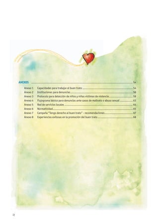 ANExOS .......................................................................................................................54
Anexo 1 Capacidades para trabajar el buen trato ...........................................................54
Anexo 2 Instituciones para denuncias.........................................................................56
Anexo 3 Protocolo para detección de niños y niñas víctimas de violencia............................59
Anexo 4 Flujograma básico para denuncias ante casos de maltrato o abuso sexual ............... 63
Anexo 5 Red de servicios locales ................................................................................64
Anexo 6 Normatividad..............................................................................................65
Anexo 7 Campaña “Tengo derecho al buen trato” - recomendaciones................................. 67
Anexo 8 Experiencias exitosas en la promoción del buen trato .........................................68
4
 