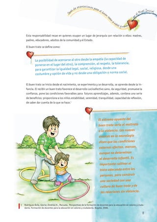 G
uía de orientaciones para el buen t
rato
a niños y niñas
en
el Nivel Inicial
Esta responsabilidad recae en quienes ocupan un lugar de jerarquía con relación a ellos: madres,
padres, educadores, adultos de la comunidad y el Estado.
El buen trato se define como:
El buen trato se inicia desde el nacimiento, se experimenta y se desarrolla, se aprende desde la in-
fancia. El recibir un buen trato favorece el desarrollo socioafectivo sano, da seguridad, promueve la
confianza, pone las condiciones favorables para futuros aprendizajes, además, conlleva una serie
de beneficios: proporciona a los niños estabilidad, serenidad, tranquilidad, capacidad de reflexión,
de saber dar cuenta de lo que se hace.1
La posibilidad de acercarse al otro desde la empatía (la capacidad de
ponerse en el lugar del otro), la comprensión, el respeto, la tolerancia,
para garantizar la igualdad legal, social, religiosa, desde una
costumbre y opción de vida y no desde una obligación o norma social.
El extremo opuesto del
buen trato sería el maltrato
o la violencia. Los nuevos
avances en la neurología
dicen que las condiciones
externas afectan, marcan,
aunque no determinan
el desarrollo infantil. Es
importante cultivar el
trato adecuado entre las
personas, para construir
una sociedad con una
cultura de buen trato y de
las relaciones sin violencia.
El extremo opuesto delEl extremo opuesto del
buen trato sería el maltrato
1 Rodríguez Ávila, Gloria; Jiménez H., Manuela. Perspectivas de la formación de docentes para la educación en valores y ciuda-
danía. Formación de docentes para la educación en valores y ciudadanía. Bogotá, 2008.
9
 