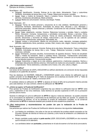 6
9. ¿Qué temas pueden aparecer?
Ejemplos de ámbitos y contenidos:
Nivel Básico – A2:
● Personal: Identificación. Vivienda. Rutinas de la vida diaria. Alimentación. Tipos y costumbres
familiares. Actividades de tiempo libre y ocio. Trabajo. Relaciones humanas y sociales.
● Social: Viajes y medios de transporte. Salud y cuidados físicos. Educación. Compras. Bienes y
servicios. Condiciones atmosféricas. Medio ambiente.
● Cultural: Medios de comunicación. Ciencia y tecnología. Fiestas.
Nivel Intermedio – B1:
● Personal: Temas de interés personal y situaciones de la vida cotidiana. Identificación personal y
situaciones familiares. Alimentación. Actividades de tiempo libre, aficiones y ocio. Mensajes y
relaciones personales. Valores creencias y actitudes. Condiciones de vida (vivienda, trabajo, medios
de comunicación etc.).
● Social: Viajes, alojamiento, comidas. Horarios. Relaciones humanas y sociales. Salud y cuidados
físicos. Educación. Compras, transacciones y actividades comerciales. Bienes y servicios. Clima,
condiciones atmosféricas y medio ambiente. Temas de interés profesional. Información técnica
sencilla. Situaciones y reuniones de trabajo. Instrucciones y uso de aparatos de uso cotidiano.
Convenciones, celebraciones, ceremonias, festividades, etc.
● Cultural: Lengua y comunicación. Medios de comunicación (radio, televisión, mensajes grabados),
películas, espectáculos, libros, periódicos, revistas, Web, música, arte, religión. Ciencia y tecnología.
Nivel Avanzado – B2:
● Personal: Identificación personal. Vivienda. Rutinas de la vida diaria. Alimentación. Tipos y costumbres
familiares. Actividades de tiempo libre y ocio. Trabajo. Relaciones humanas y sociales. Valores,
creencias y actitudes.
● Social: Orientación, procesos sencillos, funcionamiento de aparatos técnicos. Temas de actualidad.
Viajes y medios de transporte. Salud y cuidados físicos. Educación. Transacciones comerciales.
Bienes y servicios. Sistema económico y político. Rasgos históricos. Conexión con el mundo laboral y
con los estudios superiores. Convenciones sociales.
● Cultural: Costumbres y rasgos de la vida cotidiana, gastronomía y tradiciones populares. Hechos y
personajes relevantes de distintos entornos. Información de medios de comunicación. Libros, películas
o espectáculos. Temas abstractos y culturales como música, cine, arte, cultura y religión.
10. ¿Cómo se califica?
Las tareas de las destrezas de LEER y ESCUCHAR se califican atendiendo a la corrección de las respuestas
anotadas en el cuadernillo de examen.
Para las destrezas de ESCRIBIR, HABLAR y CONVERSAR existen unos criterios de calificación que se
pueden consultar en los Anexos IV y V “Tabla de Evaluación de la destreza de Escribir 2016” y “Tabla de
Evaluación de las destrezas de Hablar y Conversar 2016”.
El candidato obtiene la calificación de “APTO” si alcanza al menos el 50% de la puntuación máxima prevista
para cada destreza. En caso contrario, obtiene la calificación de “NO APTO”.
11. ¿Cómo se supera la Prueba de Certificación?
Para aprobar las Pruebas de Certificación Lingüística hay que obtener la calificación final de “APTO” entre
junio y septiembre en las cinco destrezas. Cada destreza se aprueba superando el 50% de la puntuación
prevista para la misma.
Quienes no obtengan en junio la calificación de APTO en alguna o todas las destrezas se pueden presentar
en la convocatoria de septiembre y examinarse de las destrezas que les falten por aprobar. Si, pasadas las
dos convocatorias de examen, no se ha aprobado la prueba de certificación completa, no se conservan
calificaciones de APTO en destrezas aisladas para pruebas de años académicos posteriores.
12. ¿Qué instrucciones y recomendaciones me pueden dar para la realización de la Prueba de
Certificación?
Las personas que realicen las Pruebas de Certificación deberán atenerse a las siguientes instrucciones:
● Los listados de candidatos y las aulas en las que se realizarán las pruebas estarán expuestos en las
Escuelas Oficiales de Idiomas al menos con cuarenta y ocho horas de antelación a la celebración de
dichas pruebas.
● Ningún candidato puede realizar la parte escrita (LEER, ESCUCHAR y ESCRIBIR) en otro momento
que el indicado en el calendario.
● Los candidatos deben ser puntuales y presentarse en el aula de examen a la hora de la convocatoria.
 