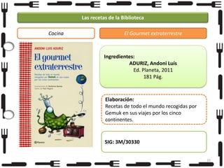 Las recetas de la Biblioteca
Cocina

El Gourmet extraterrestre

Ingredientes:
ADURIZ, Andoni Luís
Ed. Planeta, 2011
181 Pág.

Elaboración:
Recetas de todo el mundo recogidas por
Gemuk en sus viajes por los cinco
continentes.

SIG: 3M/30330
10

 