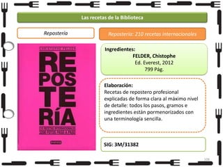 Las recetas de la Biblioteca
Repostería

Repostería: 210 recetas internacionales
Ingredientes:
FELDER, Chistophe
Ed. Everest, 2012
799 Pág.
Elaboración:
Recetas de repostero profesional
explicadas de forma clara al máximo nivel
de detalle: todos los pasos, gramos e
ingredientes están pormenorizados con
una terminología sencilla.

SIG: 3M/31382
108

 