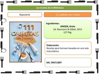 Las recetas de la Biblioteca
Repostería

111 galletas con 1 masa

Ingredientes:
JANSEN, Greta
Ed. Naumann & Göbel, 2013
127 Pág.

Elaboración:
Recetas para hornear basadas en una sola
masa básica.

SIG: 3M/11807
112

 