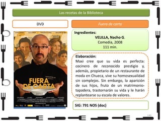 Las recetas de la Biblioteca
DVD

Fuera de carta
Ingredientes:
VELILLA, Nacho G.
Comedia, 2008
111 min.

Foto

Elaboración:
Maxi cree que su vida es perfecta:
cocinero de reconocido prestigio y,
además, propietario de un restaurante de
moda en Chueca, vive su homosexualidad
sin complejos. Sin embargo, la aparición
de sus hijos, fruto de un matrimoniotapadera, trastornarán su vida y le harán
replantearse su escala de valores.
SIG: 791 NOS (doc)
140

 