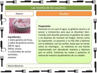 Las recetas de los usuarios
Postres

Ingredientes:
1 sobre gelatina de fresa,
1 sobre de gelatina neutra,
200 dl. agua,
200 gr. azúcar,
1 cucharadita de azúcar
vainillado,
maizena.

Nubes
Preparación
Ponemos en un cazo el agua, la gelatina neutra y el
azúcar y removemos para que se disuelvan bien.
Cuando esté disuelto ponemos la gelatina de sabor
y no dejamos de remover (al fuego). Vemos como
va espesando. Lo pasamos a un bol alto y batimos
con la batidora, con las varillas, hasta que se monte
como un merengue. Lo metemos en una fuente
espolvoreada con abundante maizena y dejamos
que se enfríe. Cortamos las nubes y quitamos el
exceso de maizena ayudándonos de un colador.

María Maceiras
155

 