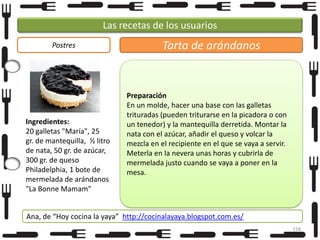 Las recetas de los usuarios
Postres

Ingredientes:
20 galletas "María", 25
gr. de mantequilla, ½ litro
de nata, 50 gr. de azúcar,
300 gr. de queso
Philadelphia, 1 bote de
mermelada de arándanos
"La Bonne Mamam"

Tarta de arándanos

Preparación
En un molde, hacer una base con las galletas
trituradas (pueden triturarse en la picadora o con
un tenedor) y la mantequilla derretida. Montar la
nata con el azúcar, añadir el queso y volcar la
mezcla en el recipiente en el que se vaya a servir.
Meterla en la nevera unas horas y cubrirla de
mermelada justo cuando se vaya a poner en la
mesa.

Ana, de “Hoy cocina la yaya” http://cocinalayaya.blogspot.com.es/
158

 