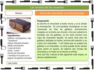 Las recetas de los usuarios
Postres

Ingredientes:
Galletas rectangulares tipo
“Tostaduca”
250 gr chocolate fondant
200 gr mantequilla
1 vaso de leche
Coñac o Jerez
Virutas de chocolate
1 bandeja en la que no se
peguen las galletas húmedas

Tarta de chocolate al estilo familiar
Preparación
Se derrite el chocolate al baño maría y se le añade
la mantequilla. En una bandeja rectangular se van
colocando las filas de galletas, previamente
mojadas en la leche con el jerez. Una vez cubierta la
bandeja con las galletas, se les echa encima una
capa de chocolate líquido. Se pone otro piso de
galletas, bañadas en leche, encima del anterior y se
cubre con chocolate. Y así hasta que se acaben las
galletas o el chocolate. La tarta puede tener tantos
pisos como se quiera. Se adorna con virutas de
chocolate y se mete en la nevera a enfriar.
Una vez fría, incluso al día siguiente está mejor, se
devora rápidamente.

Loly Liaño
159

 