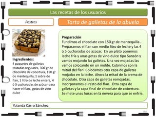 Las recetas de los usuarios
Postres

Ingredientes:
4 paquetes de galletas
tostadas regulares, 300 gr de
chocolate de cobertura, 150 gr
de mantequilla, 1 sobre de
flan, 1 litro de leche entera, 4
ó 5 cucharadas de azúcar para
hacer el flan, gotas de vino
dulce

Tarta de galletas de la abuela
Preparación
Fundimos el chocolate con 150 gr de mantequilla .
Preparamos el flan con medio litro de leche y las 4
ó 5 cucharadas de azúcar. En un plato ponemos
leche fría y unas gotas de vino dulce tipo Sansón y
vamos mojando las galletas. Una vez mojadas las
vamos colocando en un molde. Cubrimos con la
mitad del flan. Colocamos otra capa de galletas
mojadas en la leche. Ahora la mitad de la crema de
chocolate. Otra capa de galletas remojadas.
Incorporamos el resto del flan. Otra capa de
galletas y la capa final de chocolate de cobertura.
Se mete unas horas en la nevera para que se enfríe.

Yolanda Carro Sánchez
160

 