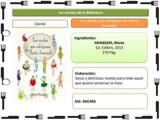 Las recetas de la Biblioteca
Cocina

Las recetas que adelgazan de Marta
Aranzadi
Ingredientes:
ARANZADI, Marta
Ed. Exlibris, 2013
270 Pág.

Elaboración:
Sanas y deliciosas recetas para todo aquel
que quiera conservar la línea.

SIG: 3M/483
17

 