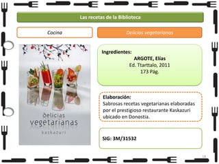 Las recetas de la Biblioteca
Cocina

Delicias vegetarianas

Ingredientes:
ARGOTE, Elías
Ed. Ttarttalo, 2011
173 Pág.

Elaboración:
Sabrosas recetas vegetarianas elaboradas
por el prestigioso restaurante Kaskazuri
ubicado en Donostia.

SIG: 3M/31532
18

 