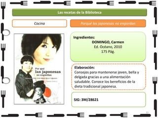 Las recetas de la Biblioteca
Cocina

Porqué las japonesas no engordan

Ingredientes:
DOMINGO, Carmen
Ed. Océano, 2010
175 Pág.

Elaboración:
Consejos para mantenerse joven, bella y
delgada gracias a una alimentación
saludable. Conoce los beneficios de la
dieta tradicional japonesa.
SIG: 3M/28621
32

 