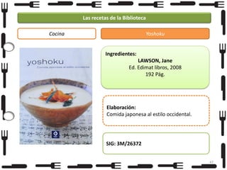 Las recetas de la Biblioteca
Cocina

Yoshoku

Ingredientes:
LAWSON, Jane
Ed. Edimat libros, 2008
192 Pág.

Elaboración:
Comida japonesa al estilo occidental.

SIG: 3M/26372
47

 