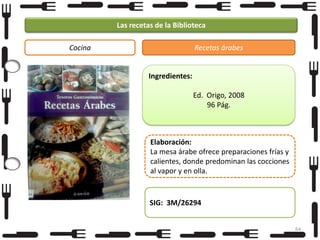 Las recetas de la Biblioteca
Cocina

Recetas árabes

Ingredientes:
Ed. Origo, 2008
96 Pág.

Elaboración:
La mesa árabe ofrece preparaciones frías y
calientes, donde predominan las cocciones
al vapor y en olla.

SIG: 3M/26294
64

 