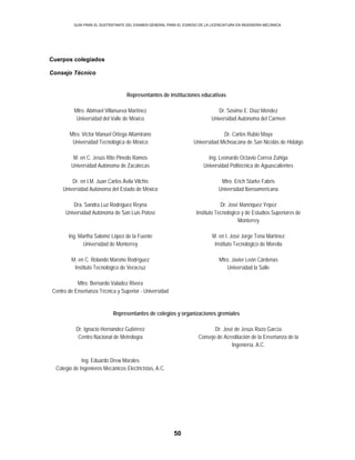 GUÍA PARA EL SUSTENTANTE DEL EXAMEN GENERAL PARA EL EGRESO DE LA LICENCIATURA EN INGENIERÍA MECÁNICA
50
Cuerpos colegiados
Consejo Técnico
Representantes de instituciones educativas
Mtro. Abimael Villanueva Martínez Dr. Sósimo E. Díaz Méndez
Universidad del Valle de México Universidad Autónoma del Carmen
Mtro. Víctor Manuel Ortega Altamirano Dr. Carlos Rubio Maya
Universidad Tecnológica de México Universidad Michoacana de San Nicolás de Hidalgo
M. en C. Jesús Rito Pinedo Ramos Ing. Leonardo Octavio Correa Zúñiga
Universidad Autónoma de Zacatecas Universidad Politécnica de Aguascalientes
Dr. en I.M. Juan Carlos Ávila Vilchis Mtro. Erich Starke Fabris
Universidad Autónoma del Estado de México Universidad Iberoamericana
Dra. Sandra Luz Rodríguez Reyna Dr. José Manríquez Yépez
Universidad Autónoma de San Luis Potosí Instituto Tecnológico y de Estudios Superiores de
Monterrey
Ing. Martha Salomé López de la Fuente M. en I. José Jorge Tena Martínez
Universidad de Monterrey Instituto Tecnológico de Morelia
M. en C. Rolando Maroño Rodríguez Mtro. Javier León Cárdenas
Instituto Tecnológico de Veracruz Universidad la Salle
Mtro. Bernardo Valadez Rivera
Centro de Enseñanza Técnica y Superior - Universidad
Representantes de colegios y organizaciones gremiales
Dr. Ignacio Hernández Gutiérrez Dr. José de Jesús Razo García
Centro Nacional de Metrología Consejo de Acreditación de la Enseñanza de la
Ingeniería, A.C.
Ing. Eduardo Drew Morales
Colegio de Ingenieros Mecánicos Electricistas, A.C.
 