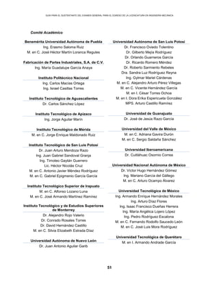 GUÍA PARA EL SUSTENTANTE DEL EXAMEN GENERAL PARA EL EGRESO DE LA LICENCIATURA EN INGENIERÍA MECÁNICA
51
Comité Académico
Benemérita Universidad Autónoma de Puebla
Ing. Erasmo Saloma Ruiz
M. en C. José Héctor Martín Loranca Regules
Fabricación de Partes Industriales, S.A. de C.V.
Ing. María Guadalupe García Anaya
Instituto Politécnico Nacional
Ing. Carlos Macías Ortega
Ing. Israel Casillas Torres
Instituto Tecnológico de Aguascalientes
Dr. Carlos Sánchez López
Instituto Tecnológico de Apizaco
Ing. Jorge Aguilar Marín
Instituto Tecnológico de Mérida
M. en C. Jorge Enrique Maldonado Ruiz
Instituto Tecnológico de San Luis Potosí
Dr. Juan Arturo Mendoza Razo
Ing. Juan Gabriel Sandoval Granja
Ing. Timoteo Gaytán Guerrero
Lic. Héctor Nicolás Cruz
M. en C. Antonio Javier Méndez Rodríguez
M. en C. Gabriel Epigmenio García García
Instituto Tecnológico Superior de Irapuato
M. en C. Alfonso Lozano Luna
M. en C. José Armando Martínez Ramírez
Instituto Tecnológico y de Estudios Superiores
de Monterrey
Dr. Alejandro Rojo Valerio
Dr. Conrado Rosales Torres
Dr. David Hernández Castillo
M. en C. Silvia Elizabeth Estrada Díaz
Universidad Autónoma de Nuevo León
Dr. Juan Antonio Aguilar Garib
Universidad Autónoma de San Luis Potosí
Dr. Francisco Oviedo Tolentino
Dr. Gilberto Mejía Rodríguez
Dr. Orlando Guarneros García
Dr. Ricardo Romero Méndez
Dr. Roberto Sarmiento Rebeles
Dra. Sandra Luz Rodríguez Reyna
Ing. Gylmar Mariel Cárdenas
M. en C. Alejandro Arturo Pérez Villegas
M. en C. Vicente Hernández García
M. en I. César Torres Ochoa
M. en I. Dora Erika Espericueta González
MPS. Arturo Castillo Ramírez
Universidad de Guanajuato
Dr. José de Jesús Razo García
Universidad del Valle de México
M. en C. Adriana Gavira Durón
M. en C. Sergio Saldaña Sánchez
Universidad Iberoamericana
Dr. Cuitláhuac Osornio Correa
Universidad Nacional Autónoma de México
Dr. Víctor Hugo Hernández Gómez
Ing. Mariano García del Gállego
M. en C. Arturo Ocampo Álvarez
Universidad Tecnológica de México
Ing. Armando Enrique Hernández Morales
Ing. Arturo Díaz Flores
Ing. Isaac Francisco Dueñas Herrera
Ing. María Angélica Lojero López
Ing. Pedro Rodríguez Escalona
M. en C. Fernando Rodolfo Saucedo León
M. en C. José Luis Mora Rodríguez
Universidad Tecnológica de Querétaro
M. en I. Armando Andrade García
 