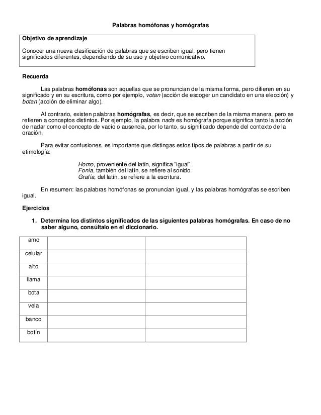 palabras homofonas respecto de los