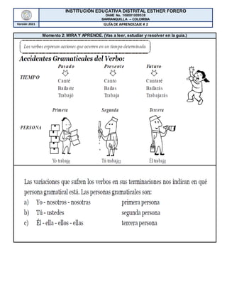 INSTITUCIÓN EDUCATIVA DISTRITAL ESTHER FORERO
DANE No. 108001009538
BARRANQUILLA – COLOMBIA
Versión 2021 GUÍA DE APRENDIZAJE # 2
Momento 2: MIRA Y APRENDE. (Vas a leer, estudiar y resolver en la guía.)
 