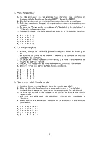 6
7. “Mario Vargas Llosa”
1. Ha sido distinguido con los premios más relevantes para escritores en
lengua española: Príncipe de Asturias (1985) y Cervantes (1994).
2. El más importante de los escritores hispanoamericanos de la actualidad.
3. Entre sus creaciones, destacan obras dramáticas, ensayos y, especialmente,
novelas.
4. Es autor de “Conversación en La Catedral”, “Pantaleón y las visitadoras” y
“El Paraíso en la otra esquina”.
5. Nació en Arequipa, Perú, pero asumió por adopción la nacionalidad española.
A) 2 – 1 – 5 – 3 – 4
B) 4 – 1 – 5 – 3 – 2
C) 2 – 5 – 3 – 4 – 1
D) 1 – 4 – 3 – 5 – 2
E) 2 – 3 – 4 – 1 – 5
8. “Un príncipe vengativo”
1. Hamlet, príncipe de Dinamarca, planea su venganza contra su madre y su
tío.
2. El espectro del padre se le aparece a Hamlet y le confiesa los motivos
verdaderos de su muerte.
3. Un grupo de actores representa frente al rey y la reina la circunstancia de
muerte del padre de Hamlet.
4. Claudio, para apoderarse del reino de Dinamarca, asesina a su hermano.
5. El nuevo rey se casa con su cuñada, la reina Gertrudis.
A) 1 – 2 – 3 – 4 – 5
B) 1 – 3 – 2 – 4 – 5
C) 2 – 1 – 3 – 4 – 5
D) 4 – 5 – 2 – 1 – 3
E) 2 – 1 – 4 – 5 – 3
9. ”Dos premios Nobel: Mistral y Neruda”
1. Gabriela Mistral obtuvo el Premio Nobel de Literatura en 1945.
2. Chile ha sido galardonado en dos de sus escritores con el Premio Nobel.
3. Lucila Godoy Alcayaga fue conocida por su seudónimo de Gabriela Mistral.
4. Su obra más famosa y más editada es “20 poemas de amor y una canción
desesperada”.
5. Así firmó sus creaciones más relevantes reunidas en “Desolación” y
“Ternura”.
6. Pablo Neruda fue embajador, senador de la República y precandidato
presidencial.
A) 2 – 3 – 5 – 1 – 6 – 4
B) 1 – 3 – 6 – 4 – 2 – 5
C) 2 – 6 – 5 – 1 – 3 – 4
D) 2 – 3 – 1 – 5 – 6 – 4
E) 1 – 6 – 4 – 3 – 5 – 2
 