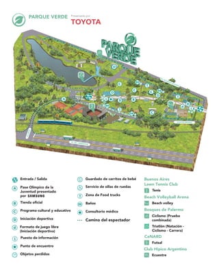 PARQUE VERDE
OLLEROS
A B
C
C
C
C
AV. FIGUEROA ALCORTA
AGUSTÍN MÉNDEZ
AV. DEL LIBERTADOR
D
D
D
D
D
d
A Pase Olímpico de la
Juventud presentado
por
B Tienda oficial
C Programa cultural y educativo
D Iniciación deportiva
d Formato de juego libre
(Iniciación deportiva)
Buenos Aires
Lawn Tennis Club
Tenis
Beach Volleyball Arena
Beach volley
Bosques de Palermo
Ciclismo (Prueba
combinada)
Triatlón (Natación -
Ciclismo - Carrera)
Objetos perdidos
Servicio de sillas de ruedas
Guardado de carritos de bebé
Zona de Food trucks
Punto de encuentro
Puesto de información CeNARD
Futsal
Club Hípico Argentino
Ecuestre
Entrada / Salida
Baños
Consultorio médico
Camino del espectador
 
