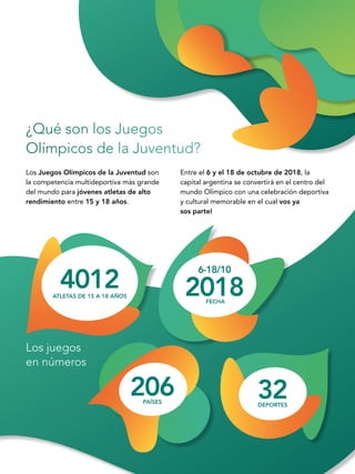 66
¿Qué son los Juegos
Olímpicos de la Juventud?
Los juegos
en números
Los Juegos Olímpicos de la Juventud son
la competencia multideportiva más grande
del mundo para jóvenes atletas de alto
rendimiento entre 15 y 18 años.
Entre el 6 y el 18 de octubre de 2018, la
capital argentina se convertirá en el centro del
mundo Olímpico con una celebración deportiva
y cultural memorable en el cual vos ya
sos parte!
4012ATLETAS DE 15 A 18 AÑOS
6-18/10
2018FECHA
DEPORTES
32PAÍSES
206
 