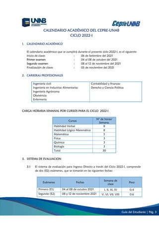 Guía del Estudiante | Pág. 3
CALENDARIO ACADÉMICO DEL CEPRE-UNAB
CICLO 2022-I
1. CALENDARIO ACADÉMICO
El calendario académico que se cumplirá durante el presente ciclo 2022-I, es el siguiente:
Inicio de clases : 06 de Setiembre del 2021
Primer examen : 04 al 08 de octubre del 2021
Segundo examen : 08 al 12 de noviembre del 2021
Finalización de clases : 05 de noviembre del 2021
2. CARRERAS PROFESIONALES
CARGA HORARIA SEMANAL POR CURSOS PARA EL CICLO 2022-I
Cursos
N° de horas/
Semana.
Habilidad Verbal 8
Habilidad Lógico Matemática 8
Matemática 5
Física 3
Química 3
Biología 3
Total 30
3. SISTEMA DE EVALUACION
3.1 El sistema de evaluación para Ingreso Directo a través del Ciclo 2022-I, comprende
de dos (02) exámenes, que se tomarán en las siguientes fechas:
Exámenes Fechas
Semana de
clase
Peso
Primero (E1) 04 al 08 de octubre 2021 I, II, III, IV 0.4
Segundo (E2) 08 y 12 de noviembre 2021 V, VI, VII, VIII 0.6
Ingeniería civil
Ingeniería en Industrias Alimentarias
Ingeniería Agrónoma
Obstetricia
Enfermería
Contabilidad y finanzas
Derecho y Ciencia Política
 