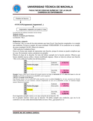 UNIVERSIDAD TÉCNICA DE MACHALA 
FACULTAD DE CIENCIAS QUÍMICAS Y DE LA SALUD 
CARRERA DE ENFERMERÍA 
DOCENTE: ING. SIST. KARINA E. GARCÍA G. 68 
Las funciones las podemos introducir de dos formas: Mediante teclado. Mediante el asistente para funciones. 
La función =SI( ) 
Definición y sintaxis: 
La función =SI( ) es una de las más potentes que tiene Excel. Esta función comprueba si se cumple una condición. Si ésta se cumple, da como resultado VERDADERO. Si la condición no se cumple, da como resultado FALSO. Obseva la sintaxis: 
=SI(Condición;Verdadero;Falso) 
Esta es la forma más simple de representar esta función, porque la misma se puede complicar que no veas. De momento vamos a proponer un ejemplo: 
Observa la hoja de la derecha. Se trata del último ejemplo de la lección anterior. Observa que hemos añadido nuevas celdas y hemos modificado algunas. Ahora se trata de colocar una función =SI( ) en la celda E15 (celda rosa del descuento). 
Ejemplo Vamos a hacer que la factura del ejemplo anterior nos haga un descuento del 10% sólo en el caso de cobrar al contado. La fórmula se colocará en la celda E15 y será la siguiente: =SI(A17="Contado";E14*10%;0;) Esta fórmula mirará si en la casilla A17 (celda amarilla) existe la palabra Contado. En tal caso, ejecutará una fórmula (10% de descuento), en caso contrario, colocará simplemente un cero en la celda E15, es decir, no realizará ningún cálculo. Observa el resultado: 
En el siguiente ejemplo vamos a ver una variación de la función =SI 
En el ejemplo anterior vimos que la función =SI debía cumplir una condición, que era la de controlar si en una celda determinada había un texto. Pero, ¿qué pasaría si se  