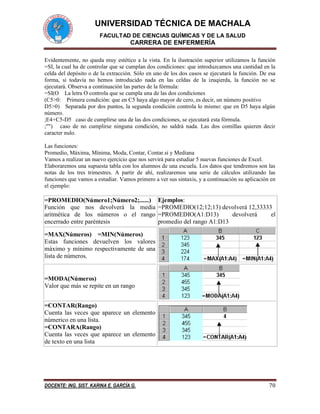 UNIVERSIDAD TÉCNICA DE MACHALA 
FACULTAD DE CIENCIAS QUÍMICAS Y DE LA SALUD 
CARRERA DE ENFERMERÍA 
DOCENTE: ING. SIST. KARINA E. GARCÍA G. 70 
Evidentemente, no queda muy estético a la vista. En la ilustración superior utilizamos la función =SI, la cual ha de controlar que se cumplan dos condiciones: que introduzcamos una cantidad en la celda del depósito o de la extracción. Sólo en uno de los dos casos se ejecutará la función. De esa forma, si todavía no hemos introducido nada en las celdas de la izuqierda, la función no se ejecutará. Observa a continuación las partes de la fórmula: 
=SI(O La letra O controla que se cumpla una de las dos condiciones 
(C5>0: Primera condición: que en C5 haya algo mayor de cero, es decir, un número positivo 
D5>0) Separada por dos puntos, la segunda condición controla lo mismo: que en D5 haya algún número. 
;E4+C5-D5 caso de cumplirse una de las dos condiciones, se ejecutará esta fórmula. 
;"") caso de no cumplirse ninguna condición, no saldrá nada. Las dos comillas quieren decir caracter nulo. 
Las funciones: 
Promedio, Máxima, Mínima, Moda, Contar, Contar.si y Mediana 
Vamos a realizar un nuevo ejercicio que nos servirá para estudiar 5 nuevas funciones de Excel. 
Elaboraremos una supuesta tabla con los alumnos de una escuela. Los datos que tendremos son las notas de los tres trimestres. A partir de ahí, realizaremos una serie de cálculos utilizando las funciones que vamos a estudiar. Vamos primero a ver sus sintaxis, y a continuación su aplicación en el ejemplo: 
=PROMEDIO(Número1;Número2;......) 
Función que nos devolverá la media aritmética de los números o el rango encerrado entre paréntesis 
Ejemplos: 
=PROMEDIO(12;12;13) devolverá 12,33333 
=PROMEDIO(A1:D13) devolverá el promedio del rango A1:D13 
=MAX(Números) =MIN(Números) 
Estas funciones devuelven los valores máximo y mínimo respectivamente de una lista de números. 
=MODA(Números) 
Valor que más se repite en un rango 
=CONTAR(Rango) 
Cuenta las veces que aparece un elemento númerico en una lista. 
=CONTARA(Rango) 
Cuenta las veces que aparece un elemento de texto en una lista 
 
