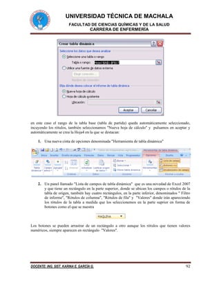 UNIVERSIDAD TÉCNICA DE MACHALA 
FACULTAD DE CIENCIAS QUÍMICAS Y DE LA SALUD 
CARRERA DE ENFERMERÍA 
DOCENTE: ING. SIST. KARINA E. GARCÍA G. 92 
en este caso el rango de la tabla base (tabla de partida) queda automáticamente seleccionado, incuyendo los rótulos, también seleccionamos "Nueva hoja de cálculo" y pulsamos en aceptar y automáticamente se crea la Hoja4 en la que se destacan: 
1. Una nueva cinta de opciones denominada "Herramienta de tabla dinámica" 
2. Un panel llamado "Lista de campos de tabla dinámica" que es una novedad de Excel 2007 y que tiene un rectángulo en la parte superior, donde se ubican los campos o rótulos de la tabla de origen, también hay cuatro rectángulos, en la parte inferior, denominados " Filtro de informe", "Rótulos de columna", "Rótulos de fila" y "Valores" donde irán apareciendo los rótulos de la tabla a medida que los seleccionemos en la parte suprior en forma de botones como el que se nuestra 
Los botones se pueden arrastrar de un rectángulo a otro aunque los rótulos que tienen valores numéricos, siempre aparecen en rectángulo "Valores".  