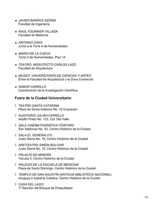Discos, zapatería, panadería y rosticería y los servicios de óptica, artículos ortopédicos, agencia
de viajes, alimentos naturistas, relojería y el banco en el super con una sucursal Banamex.
Con el fin de fortalecer el sentido de identidad y pertenencia de los universitarios, se creó el
Programa de insignia Universitaria donde se ofrecen artículos como distintivos, paraguas,
cuadernos, folders, chamarras, playeras, gorras con y sin bordados, calcomanías, tazas, tarros
y vasos grabados, corbatas, suéteres, pantalones de mezclilla, figuras de arte y más artículos
que incluyen los emblemas de la UNAM
De esta forma las Tiendas de Autoservicio UNAM ofrecen calidad, precio y servicio en beneficio
del personal académico, administrativo y estudiantil de nuestra Universidad, así como al público
en general, todos los días del año, excepto 25 de diciembre y 1° de enero.
RECINTOS PARA ACTIVIDADES ARTISTICAS Y CULTURALES
La Universidad cuenta con recintos culturales y artísticos ubicados en diversas zonas de la
ciudad. En ellos se encuentran:
En Ciudad Universitaria:
En el Centro Cultural Universitario, Insurgentes Sur 3000:
◊ SALA DE CONCIERTOS NEZAHUALCÓYOTL
◊ SALA CARLOS CHÁVEZ
◊ ESPACIO ESCULTÓRICO
◊ FORO SOR JUANA INÉS DE LA CRUZ
◊ SALA MIGUEL COVARRUBIAS
◊ SALA JULIO BRACHO
◊ SALA JOSÉ REVUELTAS
En los planteles:
Auditorios
♦ CARLOS PÉREZ DEL TORO
Facultad de Contaduría y Administración
♦ JUS SEMPER LOQUITUR
Facultad de Derecho
♦ THEMIS
Facultad de Derecho
♦ JUSTO SIERRA
Facultad de Filosofía y Letras
 