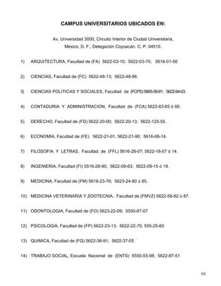 48
Teléfono: Dir: 5688-13-95
020 ESC. NACIONAL PREPARATORIA
LIC. JOSE LUIS REYES JIMENEZ
Jefe de la Unidad de Registro Esc., E.N.P.
Teléfono: Dir: 5687-68-66 ó 28
Fax: 5687-68-66
PREPARATORIA, Escuela Nacional (ENP).
Adolfo Prieto No. 722, Col. Del Valle.
México 031000, D. F.
030 UACB DE LA E.N.C.C.H.
LIC. MA. DE LA LUZ REYES MORALES
Secretaria de Servicios Estudiantiles
Teléfono: Dir: 5448-38-02, 5448-38-03 ó 26
Fax: 5448-38-24
COLEGIO DE CIENCIAS Y HUMANIDADES,
Escuela Nacional (ENCCH) Av. San
Francisco No. 400, 1er. Piso, Col. Del
Valle. CP. 03100.
100 FES CUAUTITLAN
LIC. MARITZA NOVA JUAREZ
Secretaria de la Unidad de
Administración Escolar
Teléfono: Dir: 5623-19-32 5623-19-34
Fax: 5623-19-32
CUAUTITLAN, Facultad de Estudios
Superiores (FES CUAUTITLAN) Km.
2.5 Carretera Cuautitlán Teoloyucan,
Cuautitlán Izcalli, Estado de México. CP
54700.
200 ENEP ACATLAN
LIC. ROCIO DEL C. RENDON AGUIRRE
Jefa de la Unidad de Admón. Escolar
Teléfono: Dir: 5623-17-14 5623-17-15
Fax: 5560-75-54
ACATLAN, Escuela Nacional de Estudios
Profesionales (ENEP ACATLAN) Av.
Alcanfores y San Juan Totoltepec, Col.
Santa Cruz Acatlán, Naucalpan, Estado
de México. CP 53150.
300 FES IZTACALA
LIC. AMERICA LANDA ROMERO
Jefa de la Unidad de Admón.. Escolar
Teléfono: Dir: 5623-12-82 5623-12-84
Fax: 5623-12-84
IZTACALA, Facultad de Estudios Superiores
(FES IZTACALA) Av. de los Barrios S/n,
Los Reyes Iztacala, Tlalnepantla,
Estado de México. CP 54090.
400 ENEP ARAGON
LIC. ALBERTO IBARRA ROSAS
Jefe de la Unidad Académica
Teléfono: Dir: 5623-09-25 5794-69-42
Fax: 5623-09-30
ARAGON, Escuela Nacional de Estudios
Profesionales (ENEP ARAGON) Av.
Central y Hacienda Rancho Seco S/n
San Juan de Aragón, Col. Impulsora,
Nezahualcóyotl, Estado de México CP
57130.
500 FES ZARAGOZA
M. C. RICARDO VALDIVIESO CALDERÓN
Jefe de la Unidad de Admón.. Escolar
Teléfono: Dir: 5623-07-26 56230686
Fax: 5623-06-16
ZARAGOZA, Facultad de Estudios
Superiores (FES ZARAGOZA) J. C.
Bonilla No. 66 esquina Ignacio
Zaragoza, Col. Unidad Ejército de
Oriente, Delegación Iztapalapa. CP
09230.
 