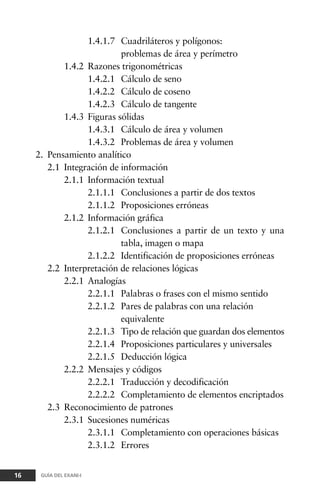 1.4.1.7 Cuadriláteros y polígonos:
problemas de área y perímetro
1.4.2 Razones trigonométricas
1.4.2.1 Cálculo de seno
1.4.2.2 Cálculo de coseno
1.4.2.3 Cálculo de tangente
1.4.3 Figuras sólidas
1.4.3.1 Cálculo de área y volumen
1.4.3.2 Problemas de área y volumen
2. Pensamiento analítico
2.1 Integración de información
2.1.1 Información textual
2.1.1.1 Conclusiones a partir de dos textos
2.1.1.2 Proposiciones erróneas
2.1.2 Información gráfica
2.1.2.1 Conclusiones a partir de un texto y una
tabla, imagen o mapa
2.1.2.2 Identificación de proposiciones erróneas
2.2 Interpretación de relaciones lógicas
2.2.1 Analogías
2.2.1.1 Palabras o frases con el mismo sentido
2.2.1.2 Pares de palabras con una relación
equivalente
2.2.1.3 Tipo de relación que guardan dos elementos
2.2.1.4 Proposiciones particulares y universales
2.2.1.5 Deducción lógica
2.2.2 Mensajes y códigos
2.2.2.1 Traducción y decodificación
2.2.2.2 Completamiento de elementos encriptados
2.3 Reconocimiento de patrones
2.3.1 Sucesiones numéricas
2.3.1.1 Completamiento con operaciones básicas
2.3.1.2 Errores
16 GUÍA DEL EXANI-I
 