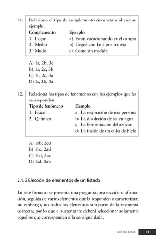 11. Relaciona el tipo de complemento circunstancial con su
ejemplo.
Complemento Ejemplo
1. Lugar a) Están vacacionando en el campo
2. Medio b) Llegué con Luis por tranvía
3. Modo c) Come sin medida
A) 1a, 2b, 3c
B) 1a, 2c, 3b
C) 1b, 2c, 3a
D) 1c, 2b, 3a
12. Relaciona los tipos de fenómenos con los ejemplos que les
corresponden.
Tipo de fenómeno Ejemplo
1. Físico a) La respiración de una persona
2. Químico b) La disolución de sal en agua
c) La fermentación del azúcar
d) La fusión de un cubo de hielo
A) 1ab, 2cd
B) 1bc, 2ad
C) 1bd, 2ac
D) 1cd, 2ab
2.1.5 Elección de elementos de un listado
En este formato se presenta una pregunta, instrucción o afirma-
ción, seguida de varios elementos que la responden o caracterizan;
sin embargo, no todos los elementos son parte de la respuesta
correcta, por lo que el sustentante deberá seleccionar solamente
aquellos que corresponden a la consigna dada.
31GUÍA DEL EXANI-I
 