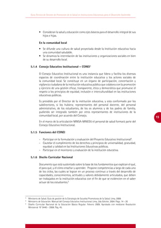 Guía Técnica de Gestión de Promoción de la Salud en Instituciones Educativas para el Desarrollo Sostenible




              •	 Consideran la salud y educación como ejes básicos para el desarrollo integral de sus
                 hijos e hijas.

              En la comunidad local

              •	 Se difunde una cultura de salud proyectada desde la Institución educativa hacia
                 una comunidad saludable.
              •	 Se dinamiza la interrelación de las instituciones y organizaciones sociales en bien
                 de su desarrollo local.

	    5.1.4	 Consejo Educativo Institucional – CONEI3

              El Consejo Educativo Institucional es una instancia que lidera y facilita los diversos
              espacios de coordinación entre la institución educativa y los actores sociales de
              la comunidad local. Se constituye en un órgano de participación, concertación y
              vigilancia ciudadana de la institución educativa pública que colabora con la promoción
              y ejercicio de una gestión eficaz, transparente, ética y democrática que promueve el
              respeto a los principios de equidad, inclusión e interculturalidad en las instituciones
              educativas públicas.

              Es presidido por el Director de la institución educativa, y esta conformado por los
              subdirectores, si los hubiera; representantes del personal docente, del personal
              administrativo, de los estudiantes, de los ex alumnos y de los padres de familia,
              pudiendo ser integrado también por otros representantes de instituciones de la
              comunidad local, por acuerdo del Consejo.
                                                                                                                  15
              En el marco de la articulación MINSA-MINEDU el personal de salud formará parte del
              Consejo Educativo Institucional.

	5.1.5	 Funciones del CONEI

              -	 Participar en la formulación y evaluación del Proyecto Educativo Institucional4.
              -	 Cautelar el cumplimiento de los derechos y principios de universalidad, gratuidad,
                 equidad y calidad en las Instituciones Educativas públicas.
              -	 Participar en el monitoreo y evaluación de la institución educativa.

	5.1.6	 Diseño Curricular Nacional

              Documento que está sustentado sobre la base de los fundamentos que explican el qué,
              el para qué, y el cómo enseñar y aprender. Propone competencias a largo de cada uno
              de los ciclos, las cuales se logran en un proceso continuo a través del desarrollo de
              capacidades, conocimientos, actitudes y valores debidamente articulados, que deben
              ser trabajados en la institución educativa con el fin de que se evidencien en el saber
              actuar de los estudiantes.5




3
  	 Ministerio de Salud. Guía de gestión de la Estrategia de Escuelas Promotoras de la Salud. Lima, 2006
4
  	 Ministerio de Educación. Manual del Consejo Educativo Institucional. Lima, 2da Edición. 2004. Págs. 14 - 20
5
  	 Diseño Curricular Nacional de la Educación Básica Regular. Febrero 2009. Aprobado con mediante Resolución
    Ministerial N° 0440 – 2008. Pág. 45.
 