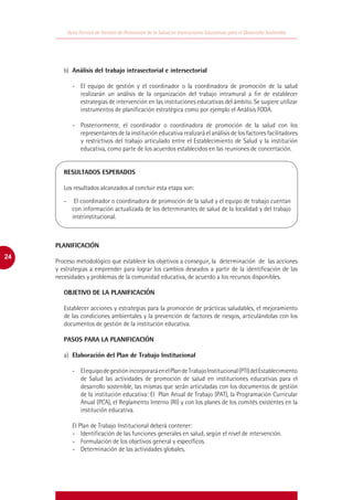 Guía Técnica de Gestión de Promoción de la Salud en Instituciones Educativas para el Desarrollo Sostenible




        b)	 Análisis del trabajo intrasectorial e intersectorial

           -	 El equipo de gestión y el coordinador o la coordinadora de promoción de la salud
              realizarán un análisis de la organización del trabajo intramural a fin de establecer
              estrategias de intervención en las instituciones educativas del ámbito. Se sugiere utilizar
              instrumentos de planificación estratégica como por ejemplo el Análisis FODA.

           -	 Posteriormente, el coordinador o coordinadora de promoción de la salud con los
              representantes de la institución educativa realizará el análisis de los factores facilitadores
              y restrictivos del trabajo articulado entre el Establecimiento de Salud y la institución
              educativa, como parte de los acuerdos establecidos en las reuniones de concertación.


        RESULTADOS ESPERADOS

        Los resultados alcanzados al concluir esta etapa son:

        -	 El coordinador o coordinadora de promoción de la salud y el equipo de trabajo cuentan
           con información actualizada de los determinantes de salud de la localidad y del trabajo
           interinstitucional.



     PLANIFICACIÓN
24
     Proceso metodológico que establece los objetivos a conseguir, la determinación de las acciones
     y estrategias a emprender para lograr los cambios deseados a partir de la identificación de las
     necesidades y problemas de la comunidad educativa, de acuerdo a los recursos disponibles.

        OBJETIVO DE LA PLANIFICACIÓN

        Establecer acciones y estrategias para la promoción de prácticas saludables, el mejoramiento
        de las condiciones ambientales y la prevención de factores de riesgos, articulándolas con los
        documentos de gestión de la institución educativa.

        PASOS PARA LA PLANIFICACIÓN

        a)	 Elaboración del Plan de Trabajo Institucional

           -	 El equipo de gestión incorporará en el Plan de Trabajo Institucional (PTI) del Establecimiento
              de Salud las actividades de promoción de salud en instituciones educativas para el
              desarrollo sostenible, las mismas que serán articuladas con los documentos de gestión
              de la institución educativa: El Plan Anual de Trabajo (PAT), la Programación Curricular
              Anual (PCA), el Reglamento Interno (RI) y con los planes de los comités existentes en la
              institución educativa.

           El Plan de Trabajo Institucional deberá contener:
           -	 Identificación de las funciones generales en salud, según el nivel de intervención.
           -	 Formulación de los objetivos general y específicos.
           -	 Determinación de las actividades globales.
 