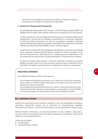 Guía Técnica de Gestión de Promoción de la Salud en Instituciones Educativas para el Desarrollo Sostenible




      -	 Formulación de actividades de promoción de la salud en la institución educativa.
      -	 Cronograma de actividades con asignación de responsables.

   b)	 Gestión de la Programación Presupuestal

      Las actividades del trabajo deberán estar incluidas en el Plan de Trabajo Institucional (PTI) - del
      Establecimiento de Salud y debe mantener coherencia con lo propuesto por el nivel regional.

      Se debe considerar los criterios establecidos del Presupuesto por Resultados (PpR) para la
      programación y ejecución de las finalidades correspondientes a instituciones educativas,
      el mismo que estará incorporado en la meta de los programas estratégicos: Articulado
      Nutricional, Materno Neonatal, Enfermedades Transmisibles, Enfermedades No Transmisibles
      y Metaxenicas-Zoonoticas, TBC-VIH/SIDA, acorde a normativa vigente.

      La planificación y el desarrollo de las finalidades, subfinalidades y el costeo de las actividades
      de los programas estratégicos del PpR deberán realizarse de manera coordinada con las
      oficinas de planeamiento y administración de la unidad ejecutora correspondiente, a fin
      de comprometer los requerimientos necesarios para lograr el resultado sanitario deseado.

      El equipo de trabajo puede gestionar a través del desarrollo de alianzas con sectores
      públicos y privados, contar con recursos humanos y operativos para el cumplimiento de sus
      actividades, articulando y homogenizando con la planificación operativa y presupuestal.


   RESULTADOS ESPERADOS                                                                                          25

   Los resultados alcanzados al concluir esta etapa son:

   -	 Las actividades del programa de promoción de la salud en las instituciones educativas
      serán insertas en el Plan de Trabajo Institucional y articuladas con los documentos de
      gestión de la institución educativa.
   -	 Las actividades del programa de promoción de la salud en instituciones educativas para
      el desarrollo sostenible, deberán ser presupuestadas y programadas en el marco del PpR,
      así como gestionadas con la participación de otros sectores públicos y privados.



  6.3 ASISTENCIA TÉCNICA

Conjunto de acciones que buscan fortalecer y responder a una o más necesidades de enseñanza-
aprendizaje, favoreciendo acciones para la promoción de comportamientos saludables,
mejoramiento de entornos y condiciones ambientales, así como la prevención de riesgos en salud.

Permite transmitir información y conocimiento pertinente en corto, mediano y largo plazo y
de manera eficiente los procesos técnicos de salud y educación que contribuyan al éxito de los
objetivos en la comunidad educativa.

Incluye dos actividades:
•	 La capacitación.
•	 Acompañamiento y asesoría.
 
