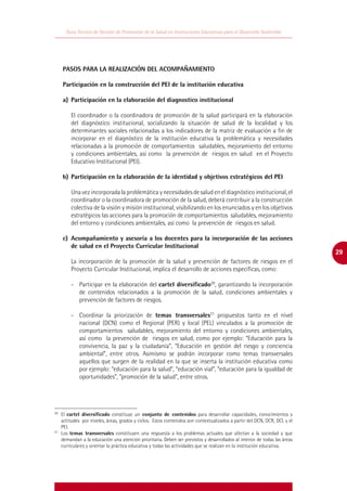 Guía Técnica de Gestión de Promoción de la Salud en Instituciones Educativas para el Desarrollo Sostenible




	 PASOS PARA LA REALIZACIÓN DEL ACOMPAÑAMIENTO

	 Participación en la construcción del PEI de la institución educativa

	a)	
   Participación en la elaboración del diagnostico institucional

        El coordinador o la coordinadora de promoción de la salud participará en la elaboración
        del diagnóstico institucional, socializando la situación de salud de la localidad y los
        determinantes sociales relacionadas a los indicadores de la matriz de evaluación a fin de
        incorporar en el diagnóstico de la institución educativa la problemática y necesidades
        relacionadas a la promoción de comportamientos saludables, mejoramiento del entorno
        y condiciones ambientales, así como la prevención de riesgos en salud en el Proyecto
        Educativo Institucional (PEI).

     b)	 Participación en la elaboración de la identidad y objetivos estratégicos del PEI

        Una vez incorporada la problemática y necesidades de salud en el diagnóstico institucional, el
        coordinador o la coordinadora de promoción de la salud, deberá contribuir a la construcción
        colectiva de la visión y misión institucional, visibilizando en los enunciados y en los objetivos
        estratégicos las acciones para la promoción de comportamientos saludables, mejoramiento
        del entorno y condiciones ambientales, así como la prevención de riesgos en salud.

     c)	 Acompañamiento y asesoría a los docentes para la incorporación de las acciones
         de salud en el Proyecto Curricular Institucional
                                                                                                                          29
        La incorporación de la promoción de la salud y prevención de factores de riesgos en el
        Proyecto Curricular Institucional, implica el desarrollo de acciones específicas, como:

        -	 Participar en la elaboración del cartel diversificado20, garantizando la incorporación
           de contenidos relacionados a la promoción de la salud, condiciones ambientales y
           prevención de factores de riesgos.

        -	 Coordinar la priorización de temas transversales21 propuestos tanto en el nivel
           nacional (DCN) como el Regional (PER) y local (PEL) vinculados a la promoción de
           comportamientos saludables, mejoramiento del entorno y condiciones ambientales,
           así como la prevención de riesgos en salud, como por ejemplo: “Educación para la
           convivencia, la paz y la ciudadanía”, “Educación en gestión del riesgo y conciencia
           ambiental”, entre otros. Asimismo se podrán incorporar como temas transversales
           aquellos que surgen de la realidad en la que se inserta la institución educativa como
           por ejemplo: “educación para la salud”, “educación vial”, “educación para la igualdad de
           oportunidades”, “promoción de la salud”, entre otros.




20
  	El cartel diversificado constituye un conjunto de contenidos para desarrollar capacidades, conocimientos y
   actitudes por niveles, áreas, grados y ciclos. Estos contenidos son contextualizados a partir del DCN, DCR, DCL y el
   PEI.
21
  	Los temas transversales constituyen una respuesta a los problemas actuales que afectan a la sociedad y que
   demandan a la educación una atención prioritaria. Deben ser previstos y desarrollados al interior de todas las áreas
   curriculares y orientar la práctica educativa y todas las actividades que se realizan en la institución educativa.
 