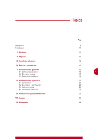 Índice



					Pág.


Presentación		9
Introducción		11

	 I.	Finalidad 		13

	Ii.	Objetivo 		13

	Iii.	 Ambito de aplicación		13

	Iv.	 Proceso a estandarizar 		           13

	 V.	 Consideraciones generales 		13
		 5.1	 Definiciones operativas 		 13          7
		 5.2	 Conceptos básicos		 17
		 5.3	 Requerimientos básicos 		 19

	Vi.	 Consideraciones específicas		21
		     6.1	Concertación		 21
		6.2	 Diagnóstico y planificación		 23
		 6.3 Asistencia técnica		 25
		 6.4 Monitoreo y evaluación		 32
	
	Vii.	 Conclusiones y/o recomendaciones 		35

	Viii.	Anexos 		35

	Ix.	Bibliografía 		44
 