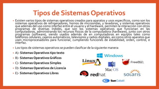 Tipos de Sistemas Operativos
• Existen varios tipos de sistemas operativos creados para aparatos y usos específicos, como son los
sistemas operativos de refrigeradores, hornos de microondas, y lavadoras, y sistemas operativos
que además del uso como interfaz entre el usuario y el hardware, permiten la interacción con otros
programas de diversas índoles, que son los sistemas operativos que funcionan en las
computadoras, administrando los recursos físicos de la computadora (hardware), junto con otros
programas (software), siendo usados además de en computadoras en equipos tales como
teléfonos celulares, cajeros automáticos, televisores y radios digitales, así como otros aparatos que
usen microprocesadores para funcionar, cumpliendo funciones de estabilidad, orden, control, e
interfaz.
• Los tipos de sistemas operativos se pueden clasificar de la siguiente manera:
• A)- Sistemas Operativos tipo texto
• B)- Sistemas Operativos Gráficos
• C)- Sistemas Operativos Simples
• D)- Sistemas Operativos de Licencia
• E)- Sistemas Operativos Libres
 