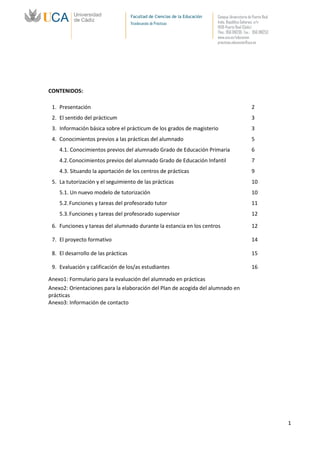 Facultad de Ciencias de la Educación   Campus Universitario de Puerto Real
                                     Vicedecanato de Prácticas              Avda. República Saharaui, s/n
                                                                            11519-Puerto Real (Cádiz)
                                                                            Tfno.: 956 016205 Fax.: 956 016253
                                                                            www.uca.es/educacion
                                                                            practicas.educacion@uca.es




CONTENIDOS:

 1. Presentación                                                                                   2
 2. El sentido del prácticum                                                                       3
 3. Información básica sobre el prácticum de los grados de magisterio                              3
 4. Conocimientos previos a las prácticas del alumnado                                             5
    4.1. Conocimientos previos del alumnado Grado de Educación Primaria                            6
    4.2. Conocimientos previos del alumnado Grado de Educación Infantil                            7
    4.3. Situando la aportación de los centros de prácticas                                        9
 5. La tutorización y el seguimiento de las prácticas                                              10
    5.1. Un nuevo modelo de tutorización                                                           10
    5.2. Funciones y tareas del profesorado tutor                                                  11
    5.3. Funciones y tareas del profesorado supervisor                                             12

 6. Funciones y tareas del alumnado durante la estancia en los centros                             12

 7. El proyecto formativo                                                                          14

 8. El desarrollo de las prácticas                                                                 15

 9. Evaluación y calificación de los/as estudiantes                                                16

Anexo1: Formulario para la evaluación del alumnado en prácticas
Anexo2: Orientaciones para la elaboración del Plan de acogida del alumnado en
prácticas
Anexo3: Información de contacto




                                                                                                                  1
 