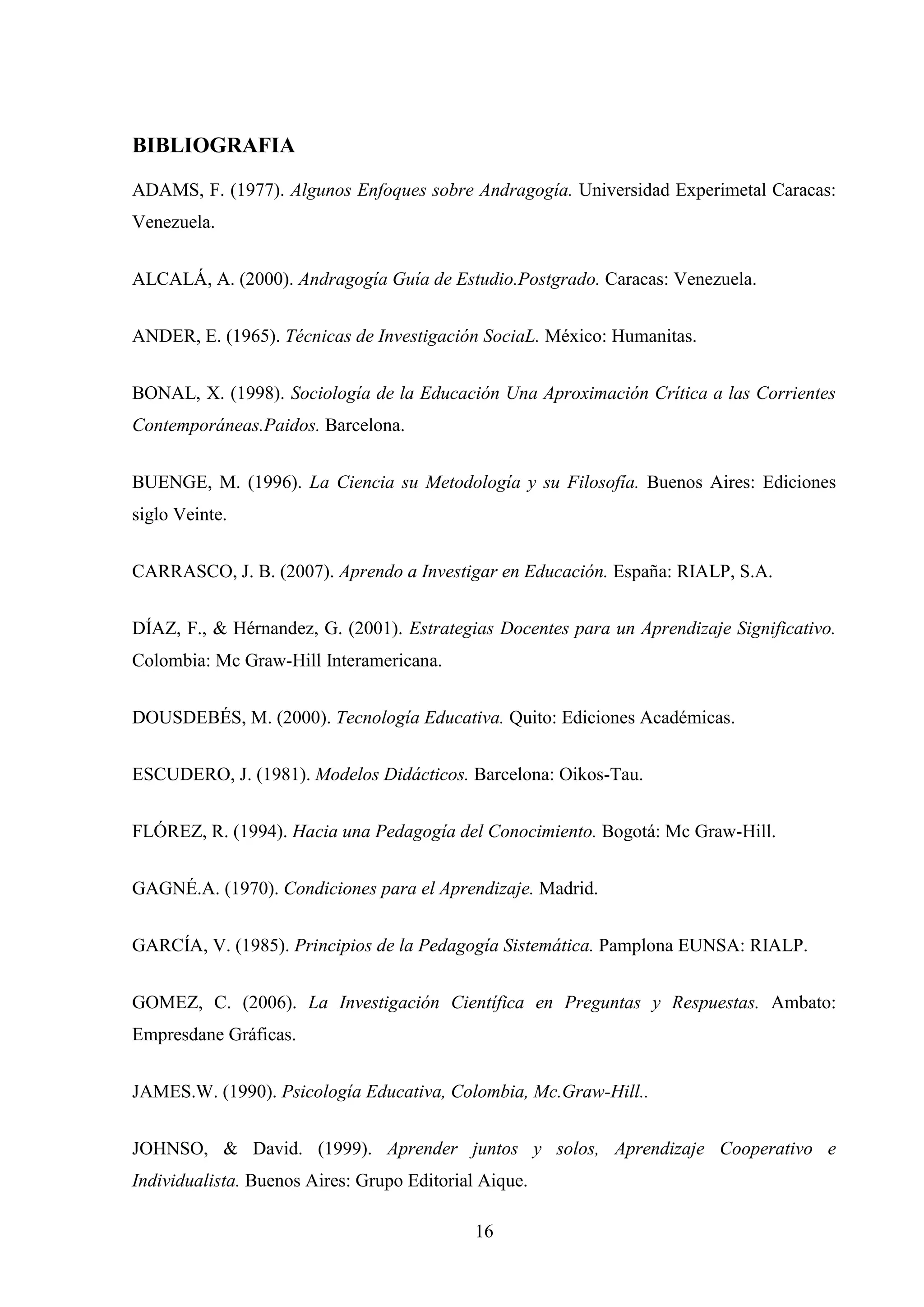 BIBLIOGRAFIA
ADAMS, F. (1977). Algunos Enfoques sobre Andragogía. Universidad Experimetal Caracas:
Venezuela.


ALCALÁ, A. (2000). Andragogía Guía de Estudio.Postgrado. Caracas: Venezuela.


ANDER, E. (1965). Técnicas de Investigación SociaL. México: Humanitas.


BONAL, X. (1998). Sociología de la Educación Una Aproximación Crítica a las Corrientes
Contemporáneas.Paidos. Barcelona.


BUENGE, M. (1996). La Ciencia su Metodología y su Filosofía. Buenos Aires: Ediciones
siglo Veinte.


CARRASCO, J. B. (2007). Aprendo a Investigar en Educación. España: RIALP, S.A.


DÍAZ, F., & Hérnandez, G. (2001). Estrategias Docentes para un Aprendizaje Significativo.
Colombia: Mc Graw-Hill Interamericana.


DOUSDEBÉS, M. (2000). Tecnología Educativa. Quito: Ediciones Académicas.


ESCUDERO, J. (1981). Modelos Didácticos. Barcelona: Oikos-Tau.


FLÓREZ, R. (1994). Hacia una Pedagogía del Conocimiento. Bogotá: Mc Graw-Hill.


GAGNÉ.A. (1970). Condiciones para el Aprendizaje. Madrid.


GARCÍA, V. (1985). Principios de la Pedagogía Sistemática. Pamplona EUNSA: RIALP.


GOMEZ, C. (2006). La Investigación Científica en Preguntas y Respuestas. Ambato:
Empresdane Gráficas.


JAMES.W. (1990). Psicología Educativa, Colombia, Mc.Graw-Hill..


JOHNSO, & David. (1999). Aprender juntos y solos, Aprendizaje Cooperativo e
Individualista. Buenos Aires: Grupo Editorial Aique.

                                             16
 
