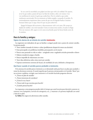 21
Su voz cortó la oscuridad y me golpeó tan duro que volví a la realidad. De repente,
al ver lo que estaba a punto de hacer me llené de miedo y odio a mi mismo. Con
voz temblorosa le mentí y le grité que estaba bien. Pero la verdad es que estaba
totalmente aterrorizado. Por un momento yo había acogido y aceptado el suicidio. Es
extremadamente inquietante darse cuenta de que uno ha logrado burlar el instinto
humano básico que te urge a hacer lo que sea para sobrevivir.
Apagué la lámpara del escritorio y silenciosamente volví a mi cama. Mi cuerpo no
dejaba de temblar y me sentí mareado. Como en tantas otras noches, el sueño no llegó.
Pero me mantuve allí, seguro en mi cama escuchando pasar las horas finales antes de
la mañana.
Para la familia y amigos:
Signos de alarma de un intento de suicidio inminente.
Los siguientes son indicadores de que un familiar o amigo/a puede estar a punto de cometer suicidio.
La persona puede:
•  Tener cambios inusuales de ánimo o calma (posiblemente después de tomar una decisión)
•  Estar preocupado con problemas insolubles; preocupación con la muerte
•  Parecer estar poniendo su vida en orden – arreglando cosas o regalando artículos personales o dinero
•  Haberse retraído de amigos y familia
•  Parecer imposible de relacionarse con otros
•  Tener ideas definitivas sobre cómo morir por suicidio
•  Expresar sentimientos extremos de fracaso, de inutilidad, de vacío, desilusión y desesperanza
Qué hacer cuando el suicidio parece probable o inminente.
Si la amenaza de suicidio parece inminente ya es demasiado tarde para hacer un plan para ayudarle a
tomar las decisiones correctas. Si usted sospecha que la persona está pensando en el suicidio “ahora” por
sus acciones o palabras, averigüe cuan inminente es el suicidio haciendo preguntas directas:
•  ¿Tienes un plan de suicidio?
•  ¿Tienes intenciones de suicidarte?
•  ¿Cómo lo vas a hacer?
•  ¿Tienes todo lo que necesitas para hacerlo?
•  ¿Cuándo piensas hacerlo?
Las respuestas a estas preguntas pueden darle el tiempo que usted necesita para desviarlo y ponerse en
contacto con el psiquiatra, servicios de emergencia, etc., y mantener a la persona implicada con usted
y lejos de su plan.
La Tabla 2 los signos de advertencia sobre suicidio.
Sección 4: ¿Se siente ahora con tendencia suicida?
 