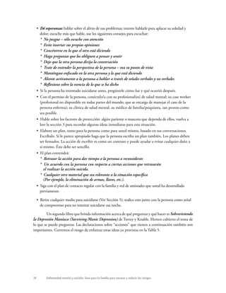 24 Enfermedad mental y suicidio: Guía para la familia para encarar y reducir los riesgos.
•  Dé esperanza: hablar sobre el alivio de sus problemas; intente hablarle para aplacar su soledad y
dolor; escuche más que hable, use los siguientes consejos para escuchar:
*  No juzgue – sólo escuche con atención
*  Evite insertar sus propias opiniones
*  Concéntrese en lo que el otro está diciendo
*  Haga preguntas que los obliguen a pensar y sentir
*  Deje que la otra persona dirija la conversación
*  Trate de entender la perspectiva de la persona – vea su punto de vista
*  Manténgase enfocado en la otra persona y lo que está diciendo
*  Aliente activamente a la persona a hablar a través de señales verbales y no verbales
*  Reflexione sobre la esencia de lo que se ha dicho
•  Si la persona ha intentado suicidarse antes, pregúntele cómo fue y qué ocurrió después.
•  Con el permiso de la persona, conéctelo/a con su profesional(es) de salud mental; su case worker
(profesional no disponible en todas partes del mundo, que se encarga de manejar el caso de la
persona enferma); su clínica de salud mental, su médico de familia/psiquiatra, tan pronto como
sea posible.
•  Hable sobre los factores de protección: algún pariente o mascota que dependa de ellos, vuelva a
leer la sección 3 para recordar algunas ideas inmediatas para esta situación.
•  Elabore un plan, tanto para la persona como para usted mismo, basado en sus conversaciones.
Escríbalo. Si le parece apropiado haga que la persona escriba un plan también. Los planes deben
ser firmados. La acción de escribir es como un contrato y puede ayudar a evitar cualquier daño a
sí mismo. Éste debe ser sencillo.
•  El plan contendrá:
*  Retrasar la acción para dar tiempo a la persona a reconsiderar.
*  Un acuerdo con la persona con respecto a ciertas acciones que retrasarán
el realizar la acción suicida.
*  Cualquier otro material que sea relevante a la situación específica
(Por ejemplo, la eliminación de armas, llaves, etc.).
•  Siga con el plan de contacto regular con la familia y red de amistades que usted ha desarrollado
previamente.
•  Retire cualquier medio para suicidarse (Ver Sección 5); realice esto junto con la persona como señal
de compromiso para no intentar suicidarse esa noche.
	 Un segundo libro que brinda información acerca de qué preguntar y qué hacer es Sobreviviendo
la Depresión Maníaca (Surviving Manic Depression) de Torrey y Knable. Hemos cubierto el tema de
lo que se puede preguntar. Las declaraciones sobre “acciones” que vienen a continuación también son
importantes. Corremos el riesgo de enfatizar estas ideas ya provistas en la Tabla 5.
 