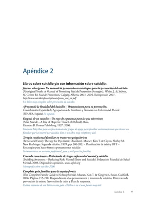 49
Libros sobre suicidio y/o con información sobre suicidio:
Jóvenes aborígenes: Un manual de prometedoras estrategias para la prevención del suicidio
(Aboriginal Youth: A Manual of Promising Suicide Prevention Strategies). White, J. & Jodoin,
N. Centre for Suicide Prevention, Calgary, Alberta, 2003, 2004. Reimpresión 2007.
http://www.suicideinfo.ca/csp/assets/prom_stat_en.pdf
Un libro muy completo sobre prevención de suicidio.
Afrontando la Realidad del Suicidio – Orientaciones para su prevención.
Confederación Española de Agrupaciones de Familiares y Personas con Enfermedad Mental
(FEAFES, España) En español.
Después de un suicidio – Un rayo de esperanza para los que sobreviven
(After Suicide – A Ray of Hope for Those Left Behind). Ross,
Eleanora B. Perseus Publishing, 1997, 2000.
Eleanora Betsy Ross pone en funcionamiento grupos de apoyo para familias norteamericanas que tienen un
familiar que ha muerto por suicidio. Este es un libro muy completo y útil.
Terapia conductual familiar en trastornos psiquiátricos
(Behavioral Family Therapy for Psychiatric Disorders). Mueser, Kim T. & Glynn, Shirley M.
New Harbinger. Segunda edición, 1999. pps 200-202. – Planificación de crisis y BFT –
Estrategias para hacer frente a pensamientos suicidas
Su intención es ser un texto profesional, pero es útil para las familias.
Creando consciencia –Reduciendo el riesgo: enfermedad mental y suicidio.
(Building Awareness – Reducing Risk: Mental Illness and Suicide). Federación Mundial de Salud
Mental, 2008. Disponible a petición. www.wfmh.org
Monografia sobre suicidio 2006.
Completa guía familiar para la esquizofrenia.
(The Complete Family Guide to Schizophrenia). Mueser, Kim T. & Gingerich, Susan. Guilford,
2006. Páginas 215-218: Respondiendo a los pensamientos o intentos de suicidio; Directrices de
prevención de mitos; Prevención de crisis y Plan de respuesta.
Existen extractos de este libro en esta guía. El libro es en sí una fuente muy útil.
Apéndice 2
Apéndice 2
 