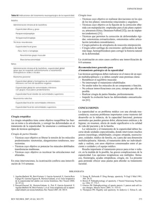ESPASTICIDAD
Tabla IV. Indicaciones del tratamiento neuroquirúrgico de la espasticidad.
Adultos
Administración intratecal de baclofeno
Espasticidad difusa y grave
Paraparesia/paraplejía
Tetraparesia/tetraplejía
Técnicas neurolesivas
Espasticidad focal grave
Para, hemi o tetraplejía
Neurotomías-grupo muscular

Cirugía ósea
–	 Técnicas cuyo objetivo es realinear desviaciones en los ejes
de los tres planos: osteotomías rotacionales y angulares.
–	 Técnicas cuyo objetivo es la fijación de la corrección obte­
nida con manipulación: empleadas para el pie plano espásti­
co, artroeresis (Grice, Dennison-Fulford [32]), uso de implan­
tes (endortesis) [31].
–	 Técnicas que permiten la corrección de deformidades rígi­
das: osteotomías extraarticulares, osteotomías sobre articu­
lación (artrodesis remodelantes).
– Cirugía paliativa de artroplastia de resección-interposición.
–	 Cirugía sobre cartílago de crecimiento: epifisiodesis de lado
más largo, hemiepifisiodesis para corregir la historia natural
de la deformidad.
La cicatrización en estos casos conlleva una inmovilización de
6-8 semanas.

Rizectomía-extremidad
Niños

Recomendaciones generales para
el tratamiento quirúrgico de la espasticidad
Las técnicas quirúrgicas deben realizarse en el marco de un equi­
po multidisciplinario y se deben cumplir unas premisas claras:
– Restablecer el equilibrio muscular.
– No interrumpir el tratamiento rehabilitador.
– No anular todos los músculos de un componente o función.
–	 No colocar inmovilizaciones con yeso, siempre que ello sea
posible.
– Realizar cirugía de partes blandas, preferentemente.
–	 Impedir la evolución hacia las deformidades osteoarticula­
res [61].

Administración intratecal de baclofeno: espasticidad global
grave que no responde suficientemente a tratamientos
antiespásticos orales o locales
Rizotomía posterior
Espasticidad global y homogénea de extremidades
inferiores con test de baclofeno negativo
Espasticidad global de extremidades inferiores
con grupos musculares predominantes
Espasticidad focal rebelde de extremidades superiores
Neurotomía selectiva
Espasticidad focal de extremidades inferiores
Espasticidad focal de extremidades superiores

Cirugía ortopédica
La cirugía ortopédica tiene como objetivo reequilibrar las fuer­
zas en torno a la articulación, y corregir las deformidades en el
tratamiento de la espasticidad. Se enumeran a continuación los
tipos de técnicas quirúrgicas:
Cirugía de partes blandas
–	 Técnicas cuyo objetivo es liberar la tensión de los músculos
predominantes: tenotomías, alargamientos tendinosos, neu­
rectomías.
–	 Técnicas cuyo objetivo es potenciar los músculos debilitados:
transferencias tendinosas.
–	 Técnicas cuyo objetivo es recolocar las articulaciones mal
alineadas.
En estas intervenciones, la cicatrización conlleva una inmovili­
zación de 3-4 semanas.

CONCLUSIONES
La espasticidad es un problema médico con una elevada tras­
cendencia; ocasiona problemas importantes como trastorno del
desarrollo en la infancia, de la capacidad funcional, posturas
anormales que pueden generar dolor, alteraciones estéticas y de
higiene; en resumen, afecta de modo significativo a la calidad
de vida del paciente y de la familia.
La valoración y el tratamiento de la espasticidad deben ha­
cerse desde unidades especializadas, donde intervienen muchos
actores (neurólogo, rehabilitador, cirujano ortopeda, neurociru­
jano, cuidador, médico de familia, etc.) para dar una dimensión
multidisciplinaria. Además, el tratamiento debe ser individuali­
zado y realista, con unos objetivos consensuados entre el pa­
ciente o cuidador y el equipo médico.
Resulta importante el tratamiento precoz para evitar o redu­
cir, en la medida de lo posible, las graves complicaciones de la
espasticidad. Las opciones terapéuticas son múltiples: fárma­
cos, fisioterapia, ayudas ortopédicas, cirugía, etc. La presente
guía pretende ofrecer unas pautas para abordar su tratamiento
racional.

BIBLIOGRAFÍA
1. Aguilar-Barberá M, Bori-Fortuny I, García-Aymerich V, García-Ruiz
Espiga PJ, Garreta-Figuera R, Herrera-Galante, et al. Guía terapéutica
de la espasticidad del adulto con toxina botulínica. Rev Neurol 2004;
38: 971-8.
2. Pascual-Pascual SI, Herrera-Galante A, Poó P, García-Aymerich V,
Aguilar-Barberá M, Bori-Fortuny I, et al. Guía terapéutica de la espasti­
cidad infantil con toxina botulínica. Rev Neurol 2007; 44: 303-9.

REV NEUROL 2007; 45 (6): 365-375

3. Young R, Delwaide P. Drug therapy, spasticity. N Engl J Med 1981;
304: 28-33.
4. Brown P. Pathophysiology of spasticity. J Neurol Neurosurg Psychia­
try 1994; 57: 773-7.
5. Gracies JM. Pathophysiology of spastic paresis. I: paresis and soft tis­
sue changes. Muscle Nerve 2005; 31: 535-51.
6. Thompson PD. Rigidity and spasticity. In Jankovic J, Tolosa E, eds.

373

 